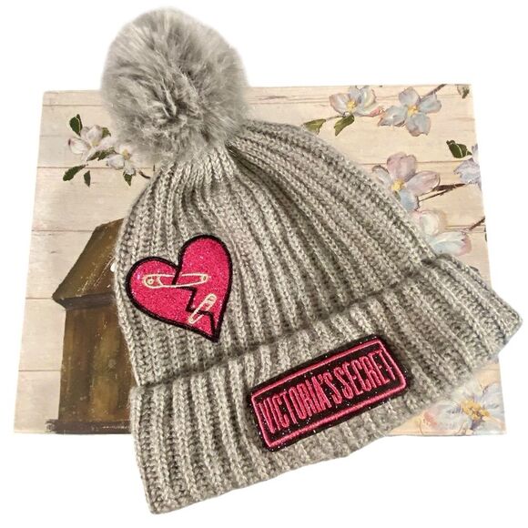 Victoria's Secret Winter Angel Beanie with Glitter Heart Patch Gray Pom Pom - Picture 1 of 6